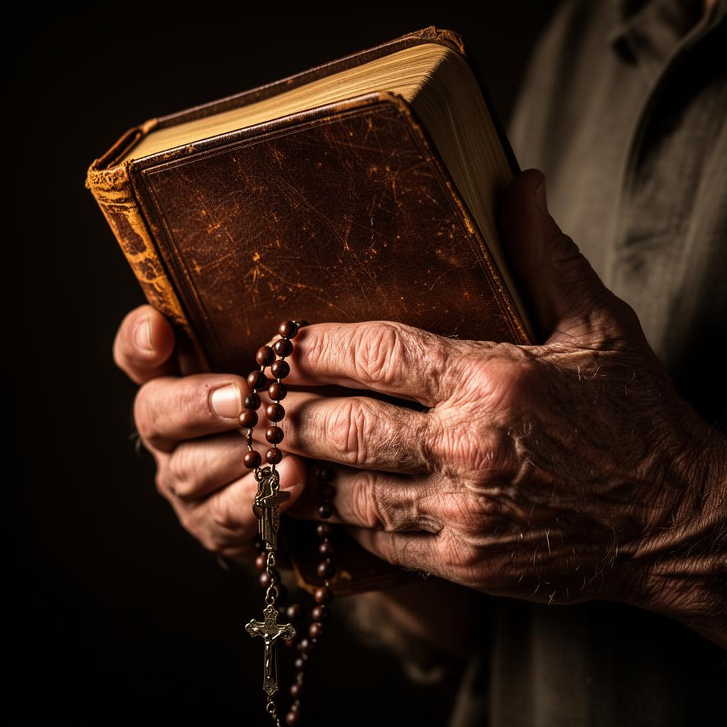 Mãos seguram Bíblia e terço